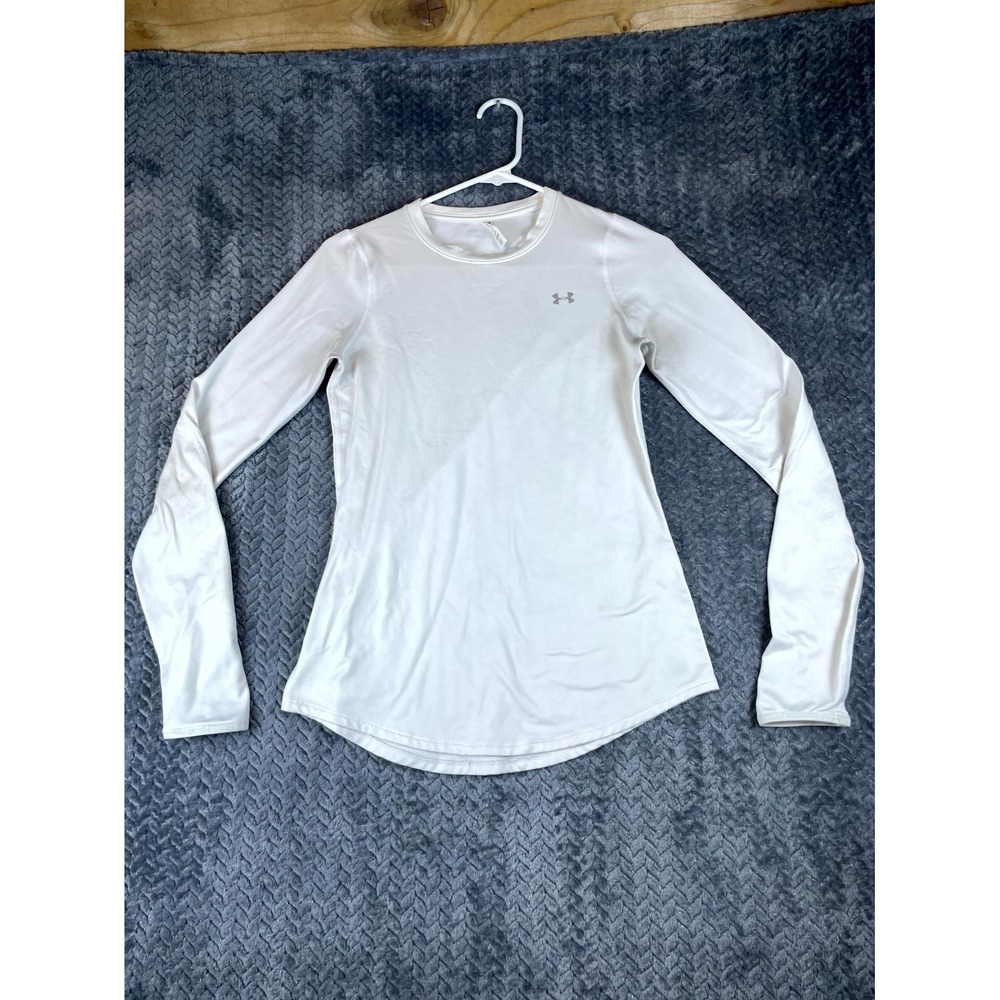 Under Armour ColdGear Fitted Top Womens XS White Fleece Lined Thumbholes Sleeve